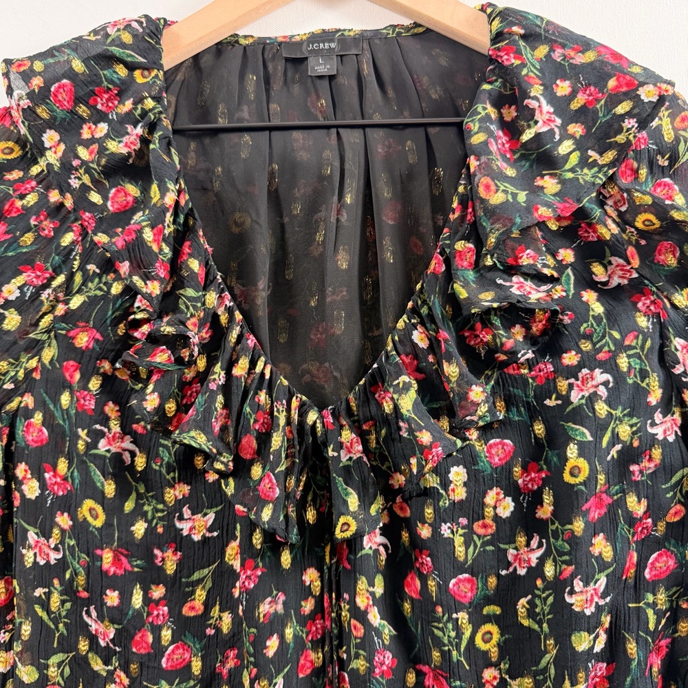 J.Crew Black Floral Gold Metallic Ruffle Blouse Large Romantic Holiday Party Top - Picture 3 of 10